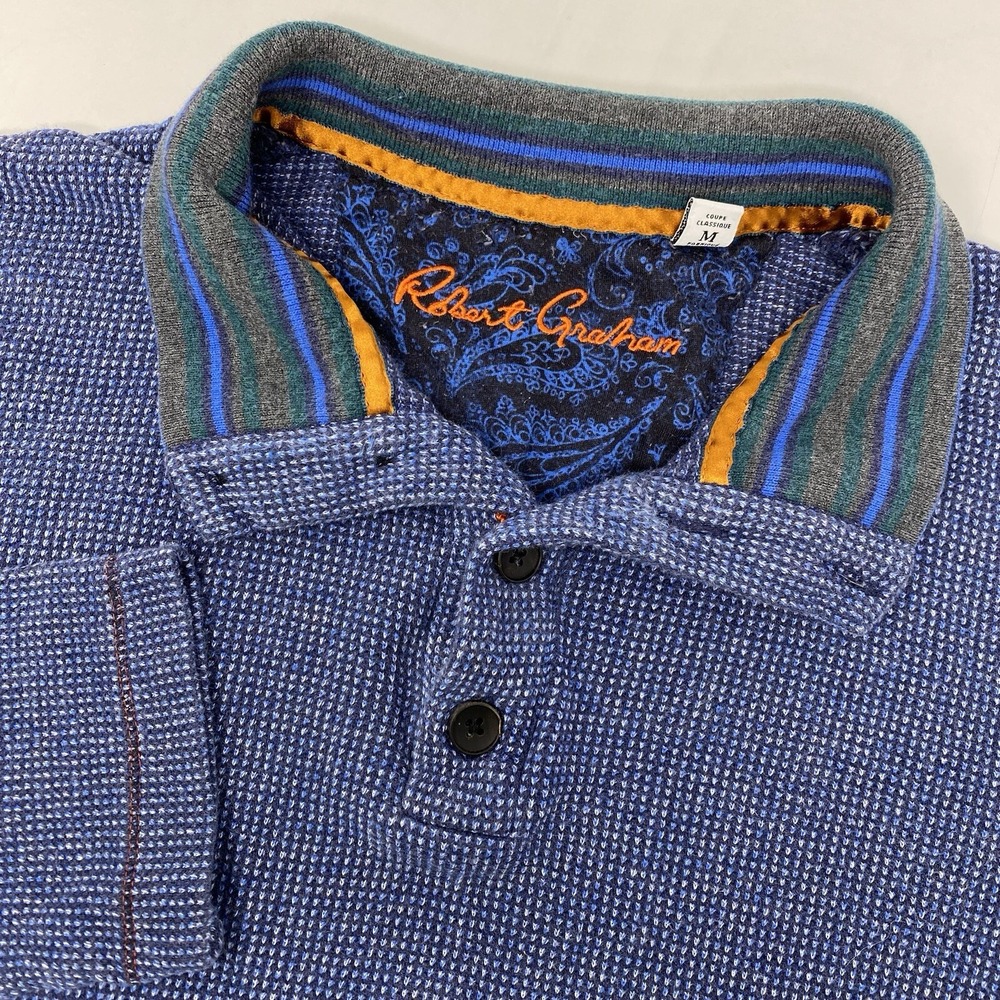 Robert Graham Polo Shirt Men M Blue Waffle Knit Long Sleeve Classic Fit Paisley